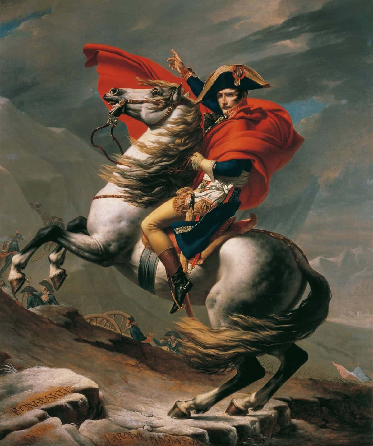 Napoleon Crossing the Alps, painted by Jacques-Louis David in 1801: Bonaparte on a rearing grey horse, red cloak flying, pointing up the mountain pass